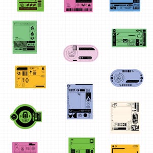 May include: A selection of vibrant, geometric stickers with diverse designs. Each sticker showcases a unique arrangement of shapes, lines, and symbols in shades of green, pink, blue, yellow, and black. The stickers are displayed on a white grid background.