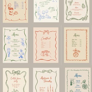 May include: A collection of nine illustrated menu cards with various themes, including coffee, anniversary dinner, Christmas dinner, and cocktail parties. Each card features decorative borders and handwritten text.