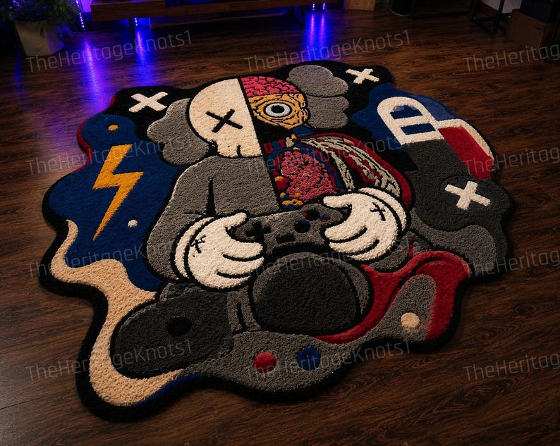May include: A distinctive, custom-made rug with a cartoon character design. The rug features a palette of grey, black, red, blue, and beige. The character is depicted holding a game controller. The rug has an unusual shape and is placed on a wooden floor.