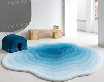 Hand Tufted Abstract Blue Area Rug – Organic Shape Wool Carpet, Gradient Floor Decor
