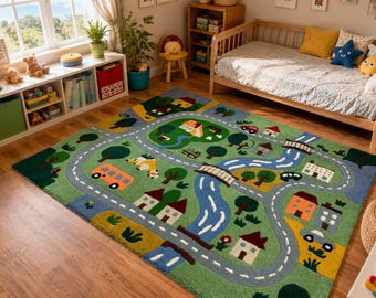 Hand Tufted Road Map Play Rug – Town & River Scene, Kids Room Decor