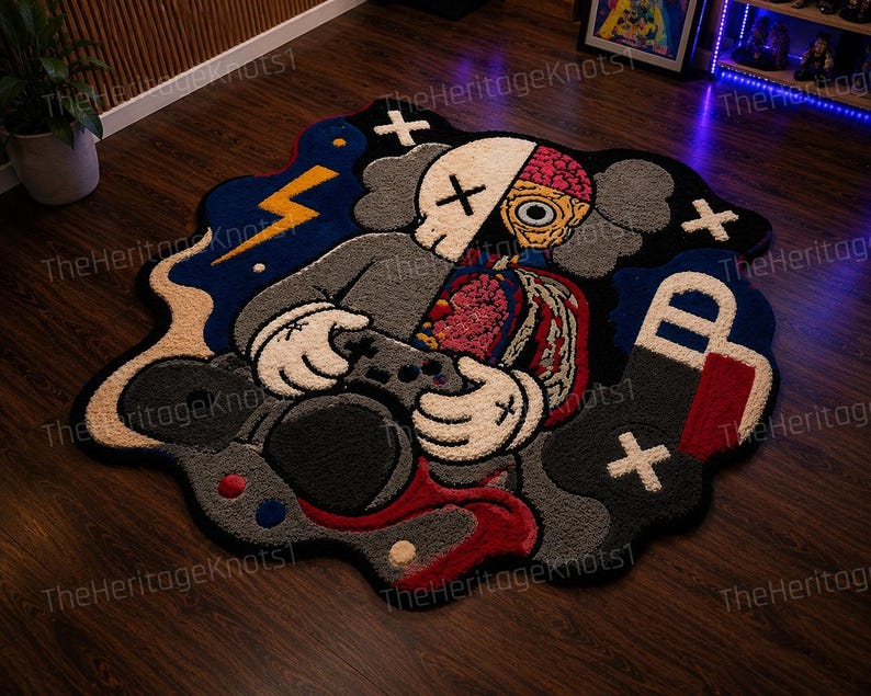 May include: A distinctive, custom-made rug with a cartoon character design. The rug depicts a figure holding a game controller, with a dissected anatomical design. The color scheme includes grey, black, red, blue, and white, creating a striking visual.