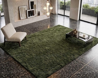 Hand Tufted Wool Shag Rug | Thick Plush Olive Green Carpet for Living Room