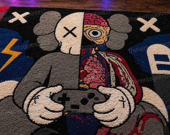 Kaws Inspired Cartoon Anatomy Wool Rug – Hand Tufted Gaming Room Art