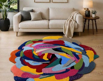 Hand Tufted Abstract Wool Rug, Colorful Swirl Statement Carpet, Artistic Living Room Area Rug