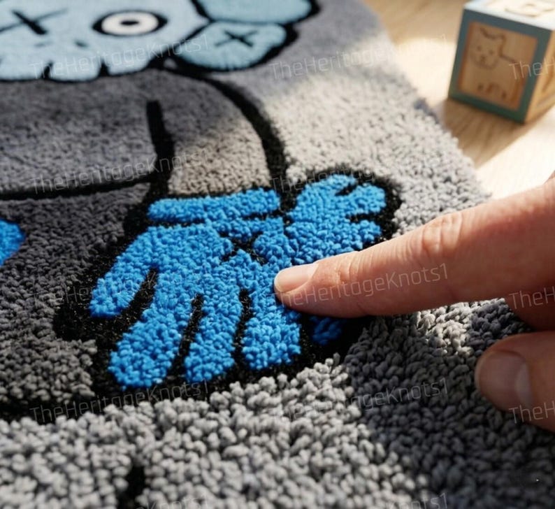 K&ouml;nnte beinhalten: Nahaufnahme eines grau-blauen Teppichs mit einem Cartoon-Charakter-Design. Der Teppich hat eine blaue Hand und einen Kopf mit schwarzen Umrissen. Der Teppich besteht aus einem weichen, strukturierten Material. Ein Holzblock mit einer Katzenillustration befindet sich im Hintergrund.