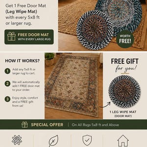 K&ouml;nnte beinhalten: Werbung f&uuml;r Teppiche, mit einem gro&szlig;en beigefarbenen Teppich und zwei runden Fu&szlig;matten. Der Text hebt ein Sonderangebot hervor: Kaufen Sie einen Teppich ab 152 cm x 244 cm und erhalten Sie eine kostenlose Fu&szlig;matte. Das Bild enth&auml;lt auch Text &uuml;ber handgefertigte, nat&uuml;rliche und langlebige Teppiche.