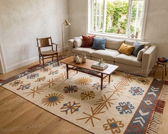 Handmade Flat Weave Boho Southwestern Tribal Cotton Dhurrie Rug – Neutral Bohemian Carpet