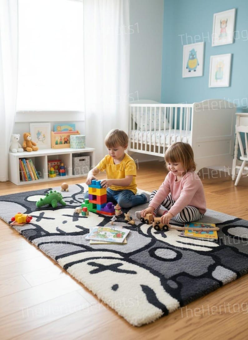 May include: A children's playroom with a large gray, white, and black patterned rug. Two children are playing with toys, including building blocks and wooden cars. A white crib and blue wall with framed art are in the background.