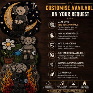 K&ouml;nnte beinhalten: Handgefertigte Teppiche mit einzigartigen Designs mit einer Cartoonfigur. Die Teppiche sind aus neuseel&auml;ndischer Wolle gefertigt und haben eine rutschfeste R&uuml;ckseite. Der Text auf dem Bild lautet "Customise Available On Your Request".