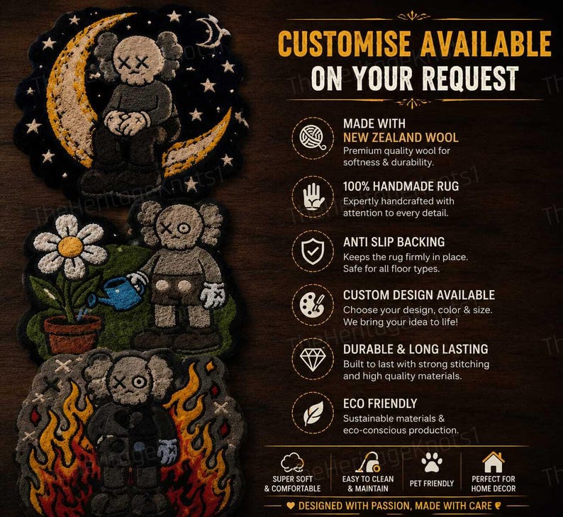 K&ouml;nnte beinhalten: Handgefertigte Teppiche mit einzigartigen Designs mit einer Cartoonfigur. Die Teppiche sind aus neuseel&auml;ndischer Wolle gefertigt und haben eine rutschfeste R&uuml;ckseite. Der Text auf dem Bild lautet "Customise Available On Your Request".