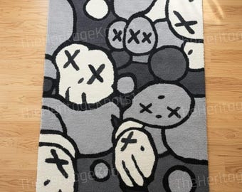 Hand Tufted Abstract Wool Rug: Kaws Inspired Cartoon, Black Grey White Nursery Carpet
