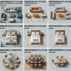 May include: A guide to rug sizes for different rooms, including living rooms, bedrooms, and dining rooms. Sizes shown include Luxury Oversized (3.66m x 4.88m), Grand King-Size (3.05m x 4.27m), and Grand Round (2.74m diameter).
