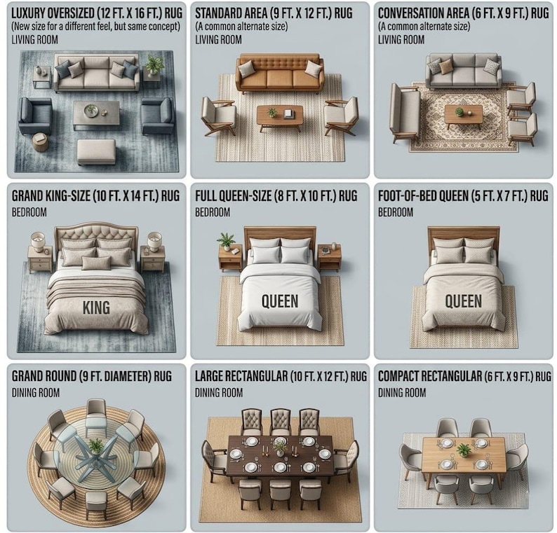 May include: A guide to rug sizes for different rooms, including living rooms, bedrooms, and dining rooms. Sizes shown include Luxury Oversized (3.66m x 4.88m), Grand King-Size (3.05m x 4.27m), and Grand Round (2.74m diameter).