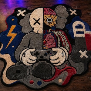 May include: A custom-shaped rug with a cartoon character design. The rug features a gray body, white gloves, and a skull-like face with X-shaped eyes. The design includes a brain, a controller, and a lightning bolt.