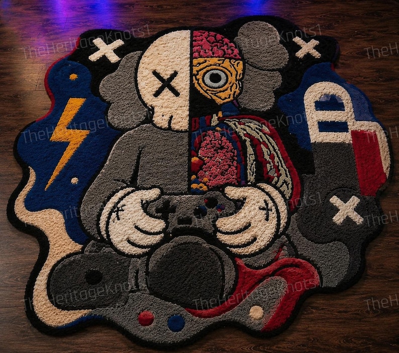 May include: A custom-shaped rug with a cartoon character design. The rug features a gray body, white gloves, and a skull-like face with X-shaped eyes. The design includes a brain, a controller, and a lightning bolt.