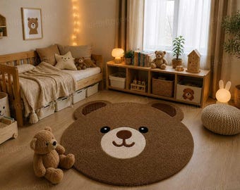 Hand Tufted Bear Rug: Plush Teddy Nursery Décor, Cozy Wool Blend Area Carpet
