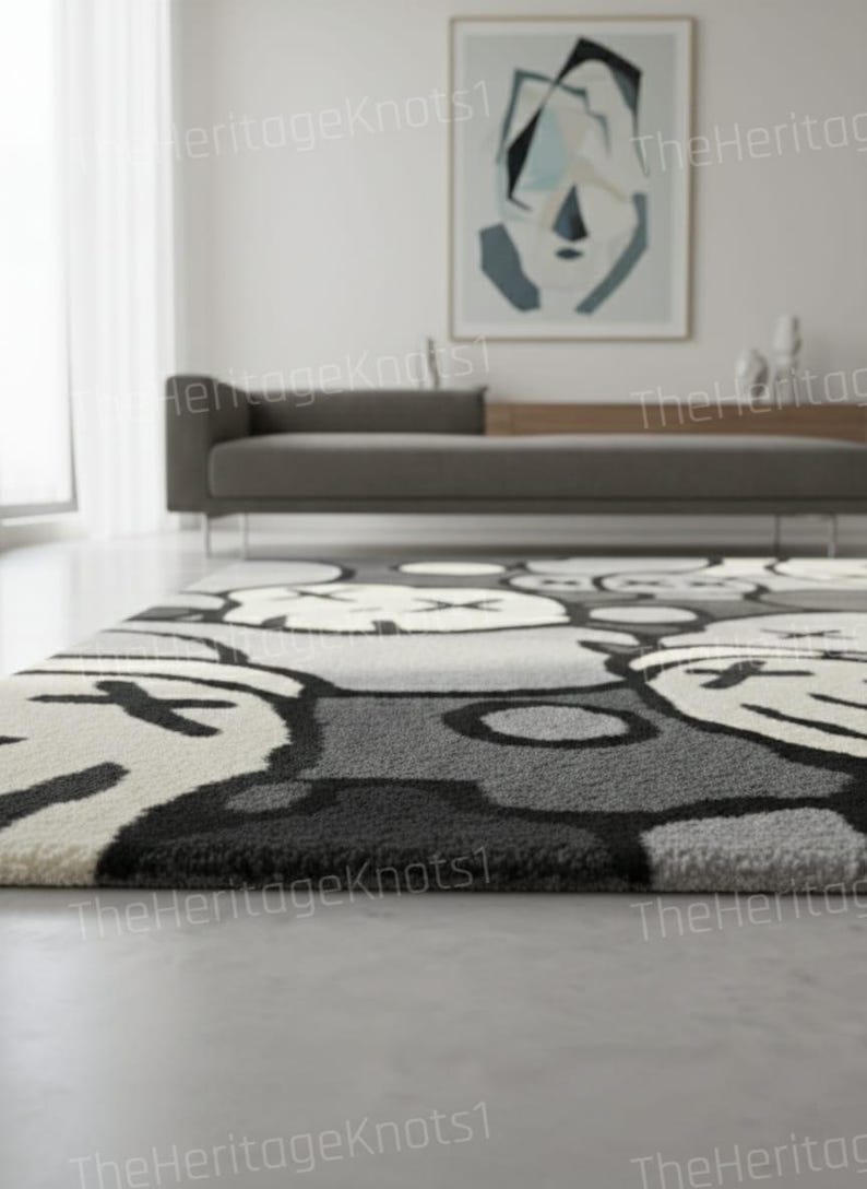 May include: A gray and white patterned area rug with a repeating cartoon-like face design. The rug has a plush texture and is placed on a light gray floor. The background includes a gray sofa and abstract artwork.