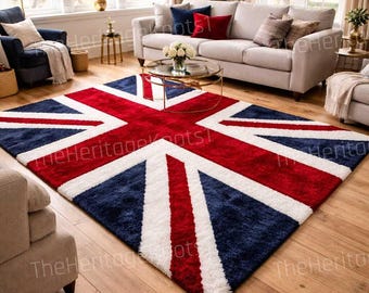Hand Tufted Union Jack Wool Rug, British Flag Statement Area Carpet