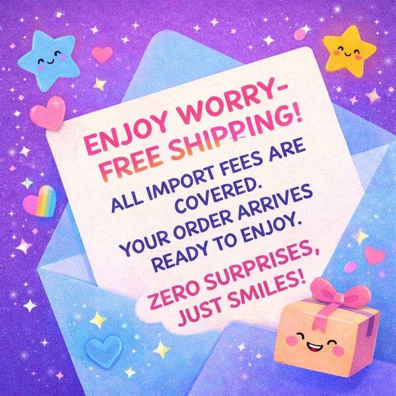 May include: A colourful illustration showing a light blue envelope with a white card. The card has text saying "ENJOY WORRY-FREE SHIPPING!". There are cartoon stars, hearts, and a smiling gift box in the image.