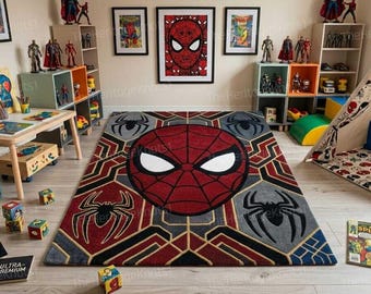 Superhero Comic Style Hand Tufted Rug: Kids Playroom Luxury Floor Accent