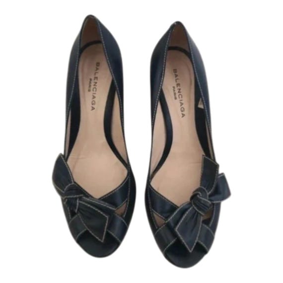 Balenciaga Vintage Pumps Dunkelblau Echtleder Schleife Peep Toe Designer Schuhe Größe 36