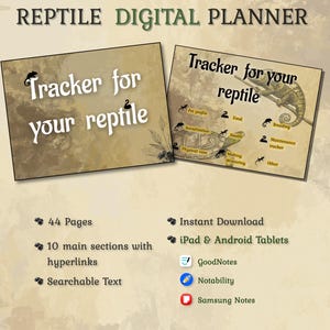 Op de afbeelding: Digitale reptielenplanner met de tekst "REPTILE DIGITAL PLANNER" bovenaan. De planner bevat secties voor dierenprofielen, voeding, gezondheid en fokken. Het is ontworpen voor iPad- en Android-tablets en bevat 44 pagina's.
