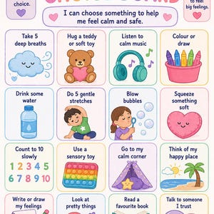May include: A colorful "Calm Down Choice Board" with illustrations and text prompts for managing emotions. Includes options like deep breaths, listening to music, and drawing. The board is designed to help children feel calm and safe.