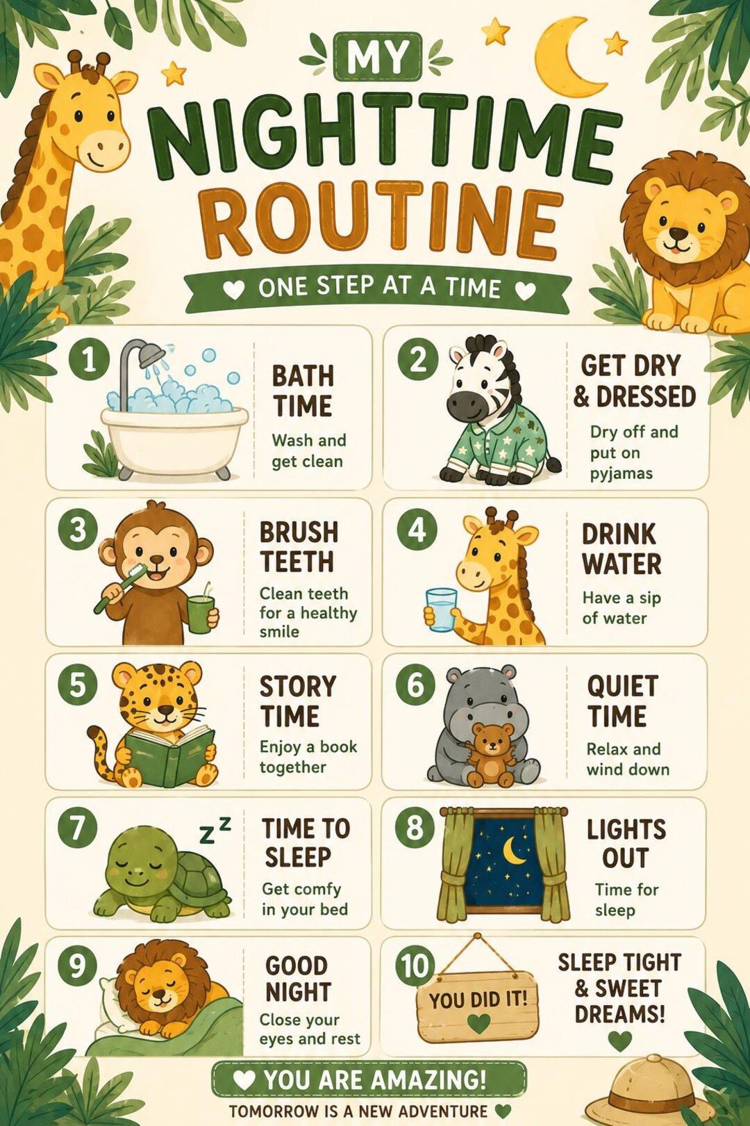 Safari Nighttime Routine Chart for Kids | Visual Schedule, Autism, ADHD ...