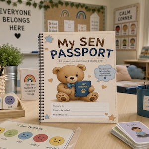 May include: A classroom scene featuring a "My SEN Passport" notebook with a teddy bear illustration. The notebook's cover displays the title and the text "All about me and how I learn best". Other items include emotion cards, pencils, and a sign that says "Everyone Belongs Here".