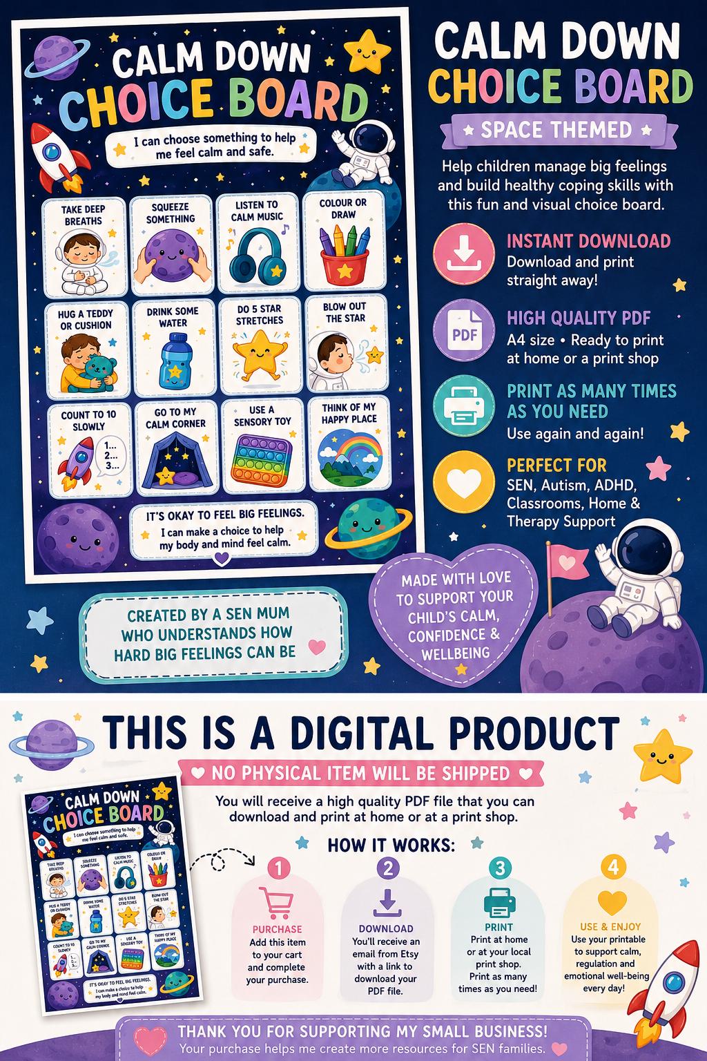 Space Calm Down Choice Board Printable | Emotional Regulation Tool (PDF ...
