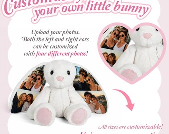 Lapin Peluche Personnalisé Avec 4 Photos Planquées Dans Les Oreilles – Doudou Ultra Doux En 26 Ou 40 Cm, Cadeau Émotionnel Pour Couple, Famille Ou Enfants