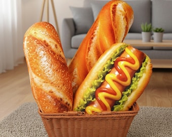 Funny Realistic Bread Pillow | Soft Plush Hot Dog & Baguette Throw Cushion | Novelty Food-Shaped Decor for Foodies, Unique Gag Gift