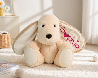 Customizable Fluffy Dog Plushie with Embroidered Name, Personalized Baby Gift, Toddler Stuffed Animal, Custom Name Puppy Toy