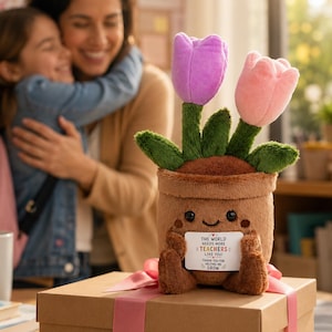 Simpatico vaso di tulipani in peluche modellabile, regalo per l'apprezzamento degli insegnanti per il ritorno a scuola, regalo per la festa della mamma o per San Valentino, morbido peluche a forma di fiore con biglietto di auguri personalizzato.