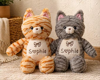Personalisiertes Katzenplüschtier, gestickte Name gefüllte Katze, orange oder grau getigerte Katze Plüschtier - Babypartygeschenk & Kinder-Stofftier