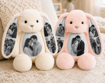 Custom Photo Bunny Plush, Personalized Stuffed Bunny with Picture, Memorial Gift for Couples, Baby, Pet Keepsake