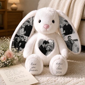 Custom Photo Engraved Bunny Plush, Personalized Anniversary Gift for Couple, Romantic Valentine’s Day Gift for Lover