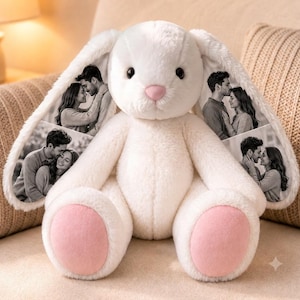 Personalisierter Plüsch Hase mit individuellem Foto - verstecktes Ohr Kuscheltier Geschenk für Paare, Babys & Tierliebhaber
