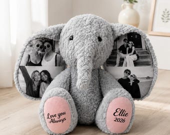 Personalized Photo Elephant Plush | Custom 4 Photos Stuffed Animal Keepsake | Memory Elephant Gift for Best Friend, Mom, Anniversary