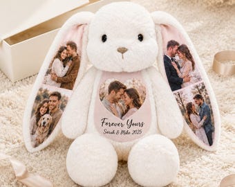 Personalized Photo Bunny Plush | Custom Stuffed Animal with Photos on Ears | Unique Valentine’s Gift for Her, Anniversary, Engagement