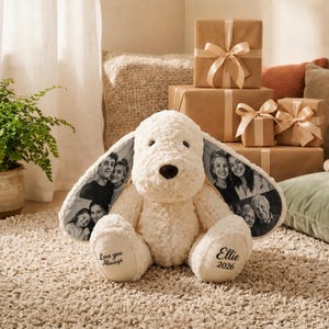Personalisierter Foto Plüsch Hund, Personalisierter Stofftier Hund mit Ihrem Bild auf den Ohren, Einzigartiges Geschenk für Kinder & Lieben
