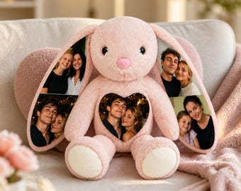 Personalized Photo Bunny Plush, Custom Picture Stuffed Rabbit, 4 Colors Available, Memory Gift for Family, Custom Pet Bunny, Gift for Her