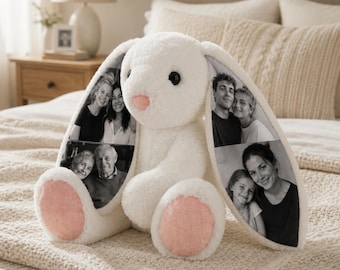 Peluche photo personnalisée de lapin - Cadeau personnalisé photo de lapin avec oreilles cachées pour les couples, cadeaux d'anniversaire