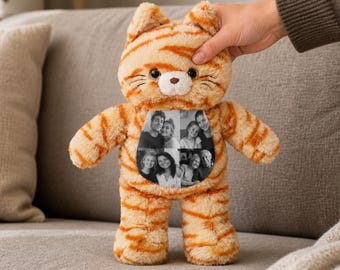 Anpassad plyschkatt med foto, personligt gosedjur med din bild, minnesgåva till en älskad, unik alla hjärtans dag-present