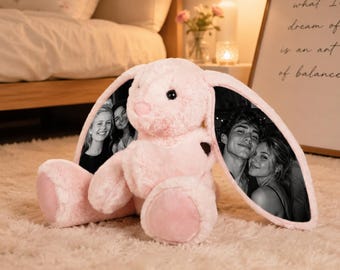 Custom foto konijn pluche – Gepersonaliseerde verborgen oor foto konijn cadeau voor koppels Jubileumcadeaus