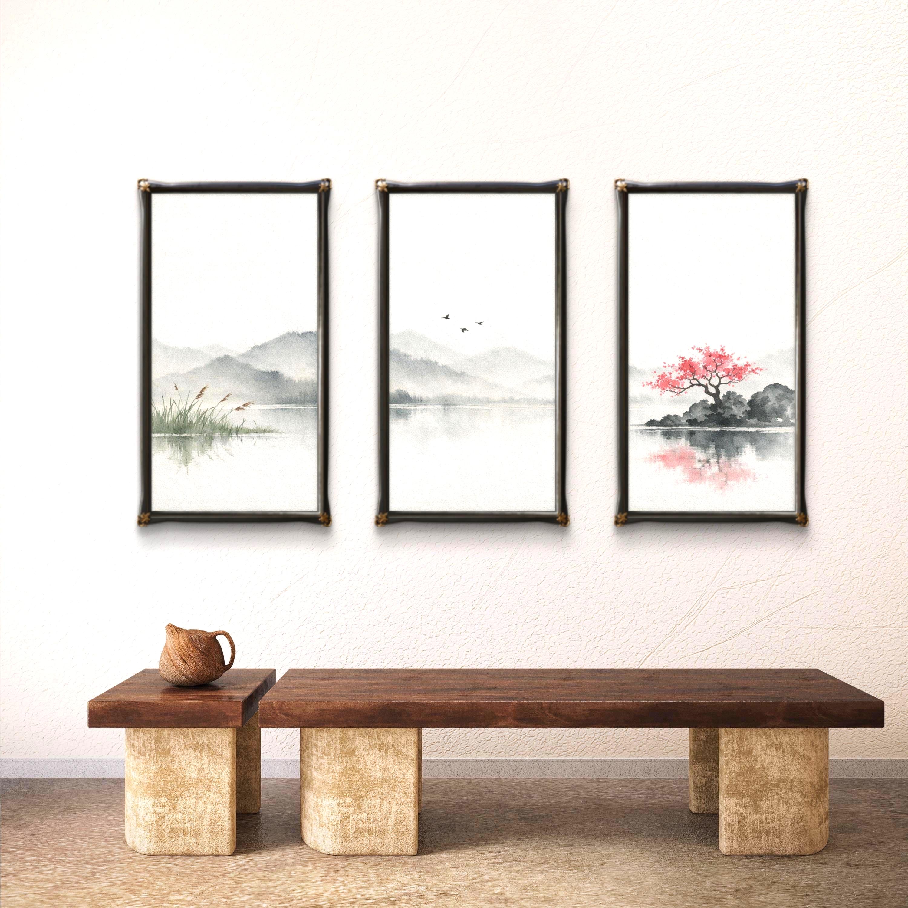 Japandi Triptych Wall Art Set of 3, Zen Landscape Poster Set, Japanese ...