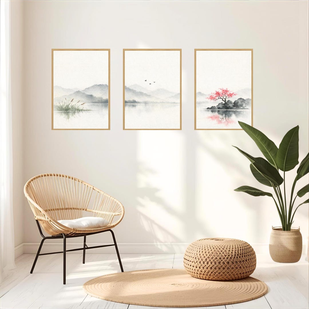 Japandi Triptych Wall Art Set of 3, Zen Landscape Poster Set, Japanese ...