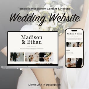 Gepersonaliseerde trouwwebsite in minimalistische stijl – met RSVP, informatie, foto's, plattegronden en hosting.