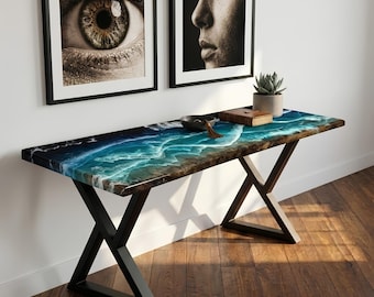 Aangepaste handgemaakte epoxy-consoletafel, epoxy oceaantafel, oceaangolftafel, harsgolftafel, tafel strandstijl, handgemaakte epoxytafel